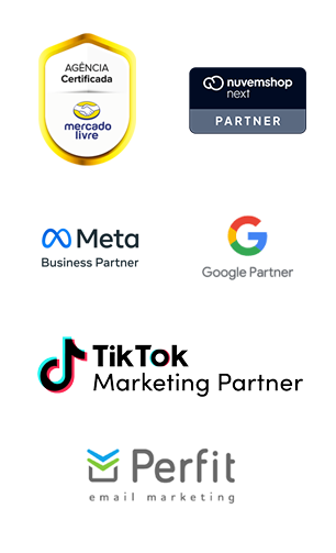 Selos de parceria: Mercado Livre, Nuvemshop Next, Meta, Google, TikTok e Perfit