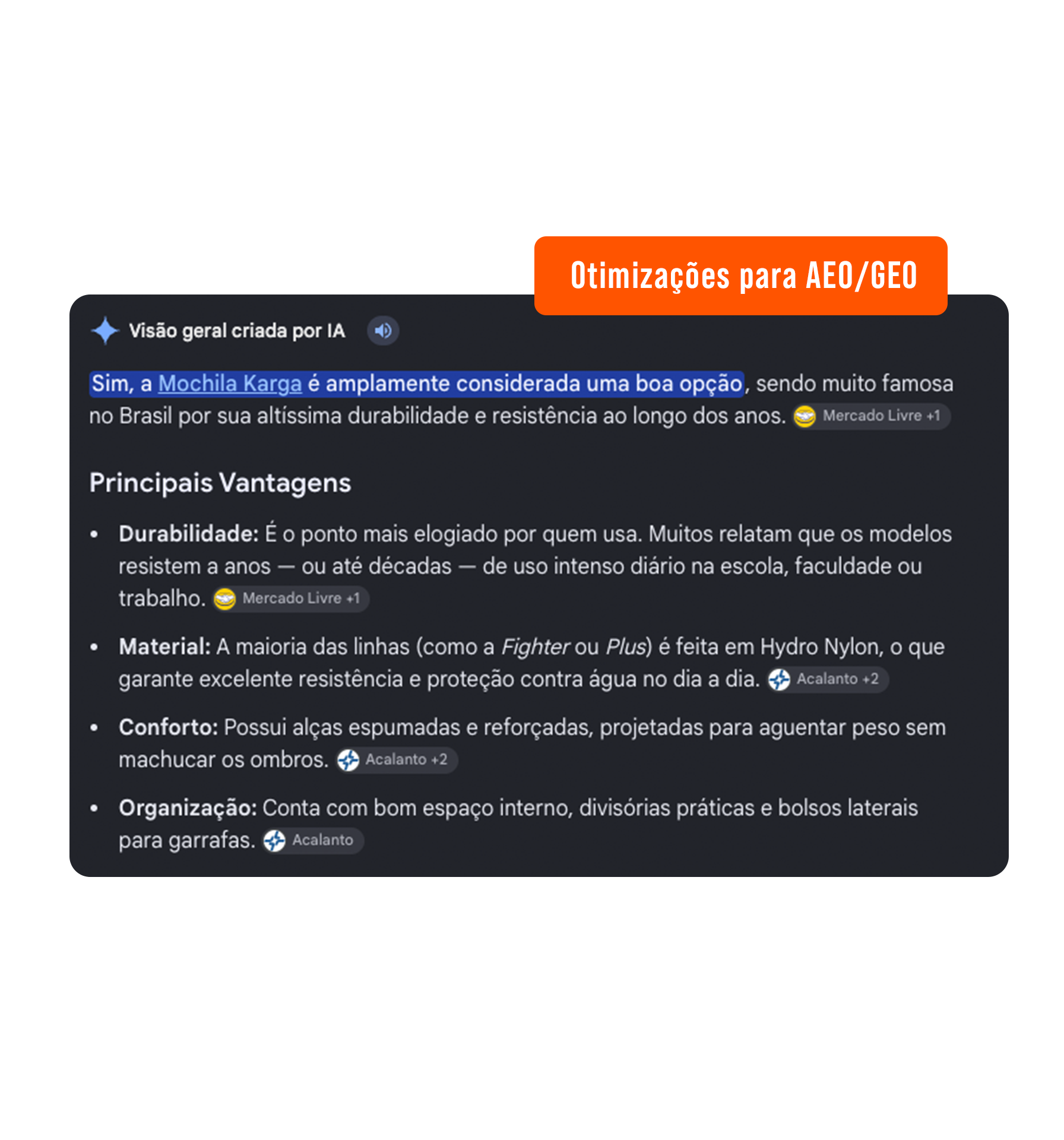 Visão geral criada por IA do Google recomendando o produto