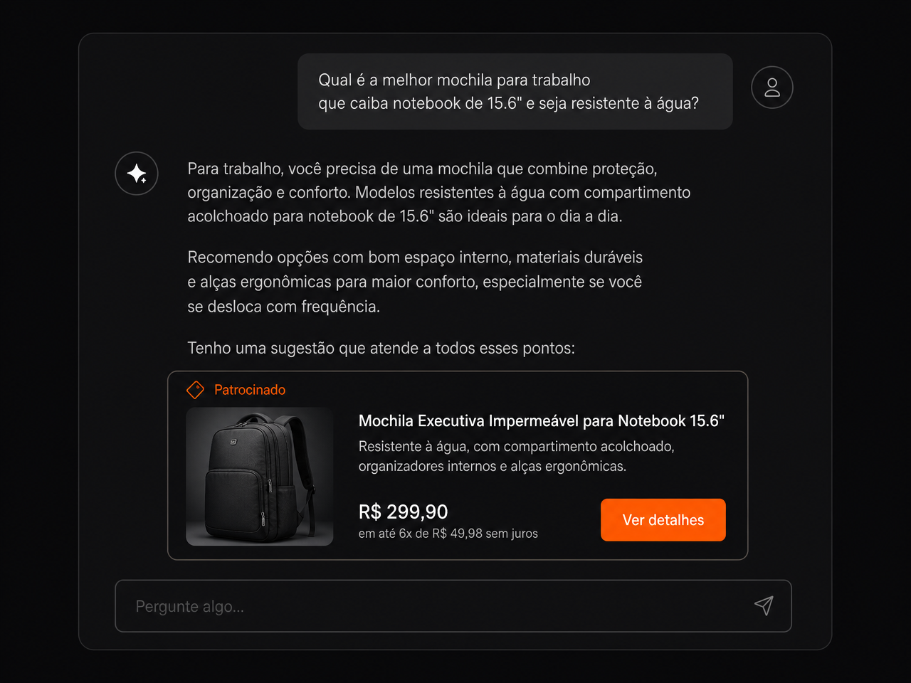 Conversa com assistente de IA exibindo um anúncio patrocinado de produto ao final da resposta