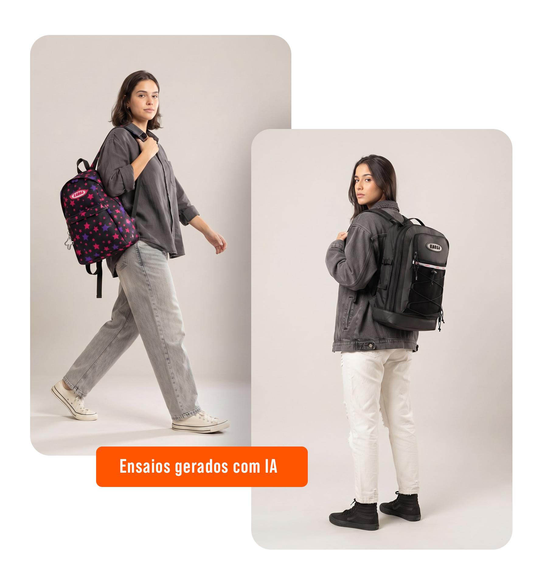 Ensaios de mochilas gerados com IA, com modelo em estúdio